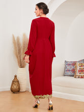 Load image into Gallery viewer, Swiss Dot Contrast Lace Flounce Sleeve Draped Side Split Hem Dress
