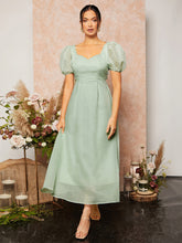 Load image into Gallery viewer, Tie Backless Sweetheart Neck Puff Sleeve Mesh Bridesmaid Dress
