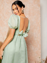 Load image into Gallery viewer, Tie Backless Sweetheart Neck Puff Sleeve Mesh Bridesmaid Dress

