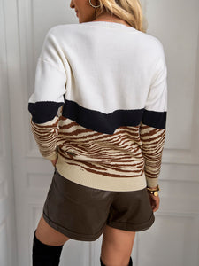 Zebra Striped Pattern Colorblock Drop Shoulder Sweater