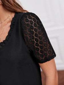 Contrast Lace Sleeve Frill Trim Blouse