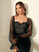 Load image into Gallery viewer, Contrast Lace Sweetheart Neck Flounce Sleeve Split Back Velvet Dress
