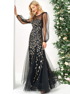 Plants Embroidery Contrast Sequins Puff Sleeve Prom Dress