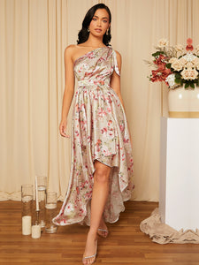 Floral Print Knot One Shoulder Wrap Hem Satin Bridesmaid Dress