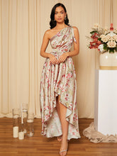 Load image into Gallery viewer, Floral Print Knot One Shoulder Wrap Hem Satin Bridesmaid Dress
