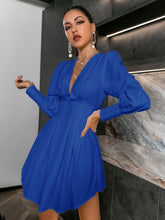 Load image into Gallery viewer, Plunging Neck Lantern Sleeve Fold Pleat Dress

