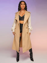 Load image into Gallery viewer, Contrast Raglan Sleeve Double Breasted Split Back Belted Trench Coat
