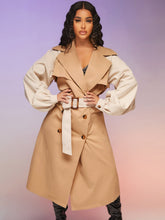 Load image into Gallery viewer, Contrast Raglan Sleeve Double Breasted Split Back Belted Trench Coat
