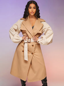 Contrast Raglan Sleeve Double Breasted Split Back Belted Trench Coat
