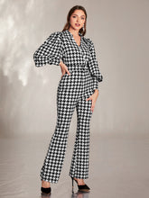 Load image into Gallery viewer, Houndstooth Lantern Sleeve Flare Leg Jumpsuit
