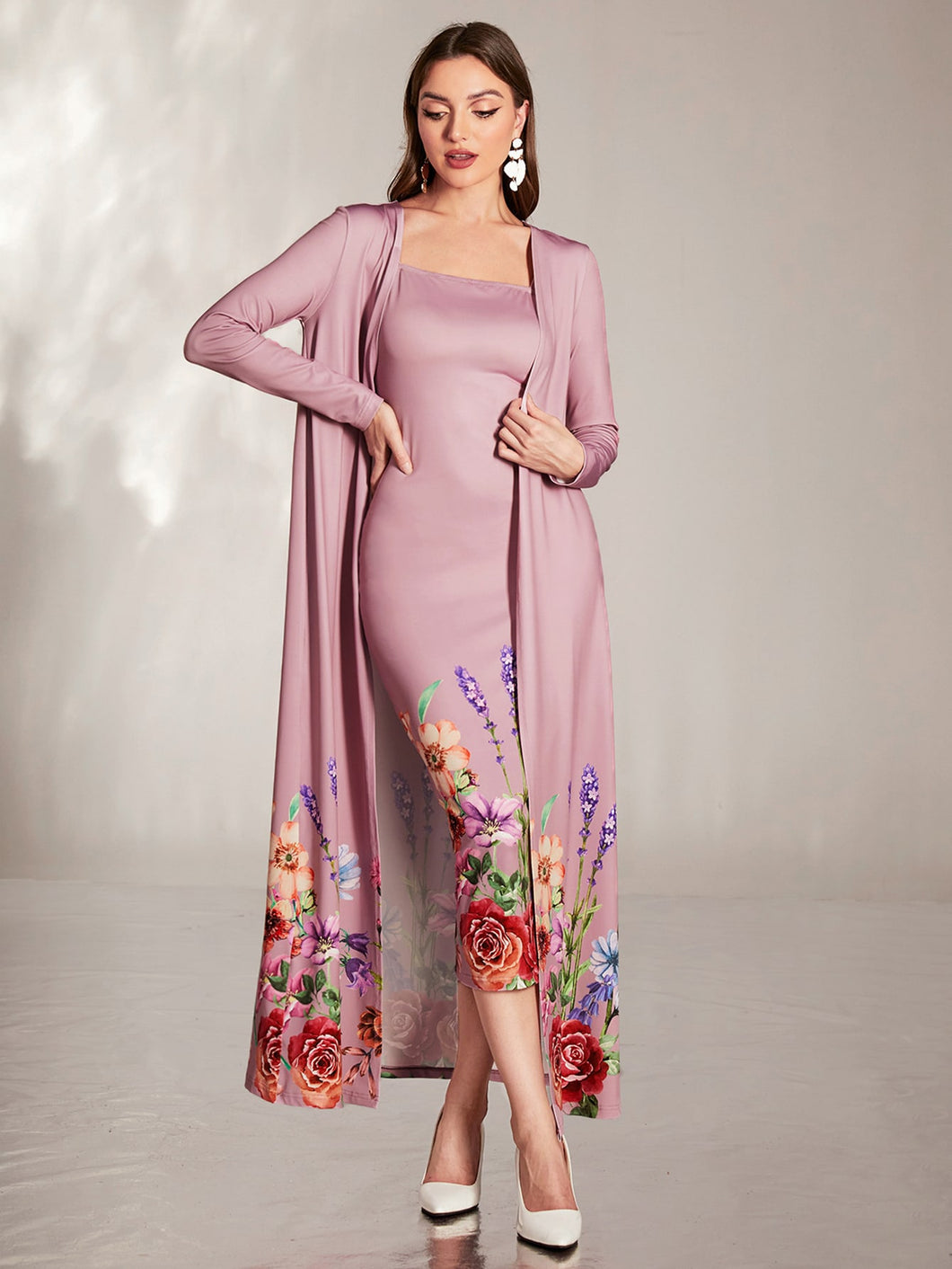 Floral Print Open Front Coat & Cami Dress