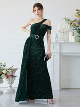 Load image into Gallery viewer, Asymmetrical Neck Draped Front Sequin Prom Dress
