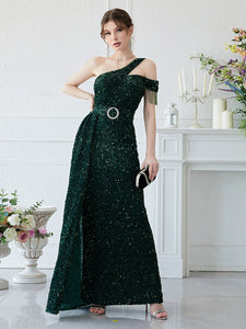 Asymmetrical Neck Draped Front Sequin Prom Dress