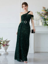 Load image into Gallery viewer, Asymmetrical Neck Draped Front Sequin Prom Dress
