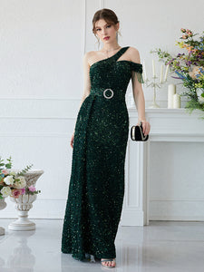 Asymmetrical Neck Draped Front Sequin Prom Dress