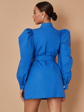 Load image into Gallery viewer, Puff Sleeve Belted Shirt Dress
