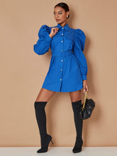 Load image into Gallery viewer, Puff Sleeve Belted Shirt Dress
