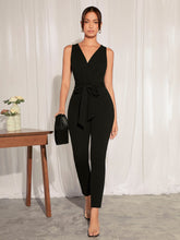 Load image into Gallery viewer, Surplice Neck Belted Unitard Jumpsuit
