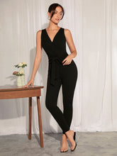 Load image into Gallery viewer, Surplice Neck Belted Unitard Jumpsuit
