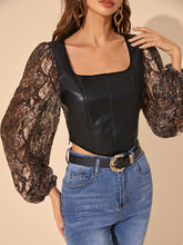 Load image into Gallery viewer, Snakeskin Panel Lantern Sleeve Crop PU Leather Blouse
