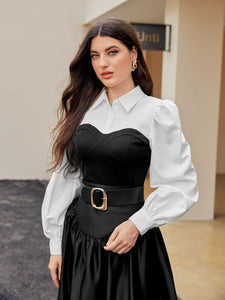 Colorblock Puff Sleeve Top Without Belt