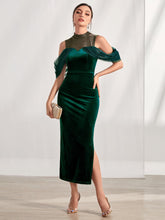 Load image into Gallery viewer, Contrast Mesh Cold Shoulder Split Thigh Velvet Dress
