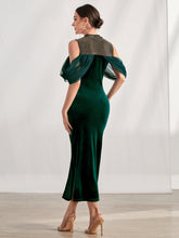 Load image into Gallery viewer, Contrast Mesh Cold Shoulder Split Thigh Velvet Dress
