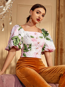 Floral Print Square Neck Puff Sleeve Blouse