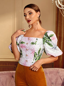 Floral Print Square Neck Puff Sleeve Blouse