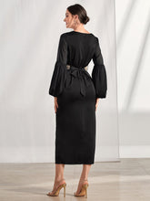 Load image into Gallery viewer, Guipure Lace Insert Split Hem Bishop Sleeve Dress
