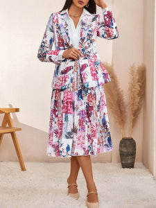 Floral And Bird Print Double Breasted Blazer & Pleated Skirt Without Belt