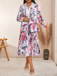 Floral And Bird Print Double Breasted Blazer & Pleated Skirt Without Belt