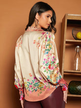 Load image into Gallery viewer, Floral Print Lantern Sleeve Satin Shirt
