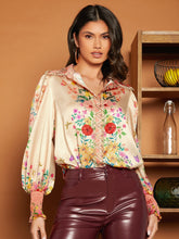 Load image into Gallery viewer, Floral Print Lantern Sleeve Satin Shirt
