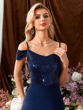 Load image into Gallery viewer, Contrast Sequin Cold Shoulder Draped Back Chiffon Bridesmaid Dress
