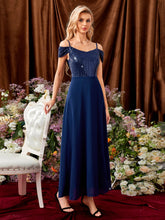 Load image into Gallery viewer, Contrast Sequin Cold Shoulder Draped Back Chiffon Bridesmaid Dress
