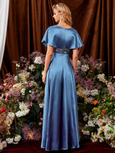 Load image into Gallery viewer, Contrast Sequin Plicated Detail Batwing Sleeve Bridesmaid Dress

