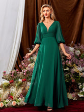 Load image into Gallery viewer, Ruched Plunging Neck Lantern Sleeve Chiffon Bridesmaid Dress

