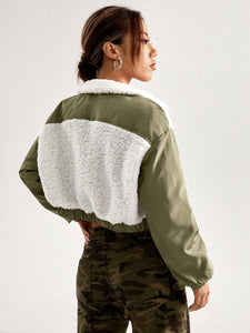 Colorblock Flap Pocket Zip Up Contrast Shearling Crop Jacket