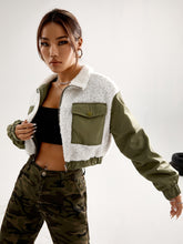 Load image into Gallery viewer, Colorblock Flap Pocket Zip Up Contrast Shearling Crop Jacket
