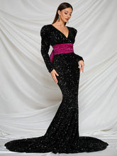 Load image into Gallery viewer, Deep V Neck Bow Back Sequin Floor Length Prom Dress
