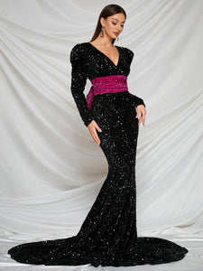 Deep V Neck Bow Back Sequin Floor Length Prom Dress