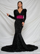 Load image into Gallery viewer, Deep V Neck Bow Back Sequin Floor Length Prom Dress
