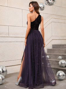 One Shoulder Split Thigh Sequin Prom Dress
