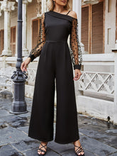 Load image into Gallery viewer, Contrast Polka Dot Mesh Asymmetrical Neck Plicated Detail Jumpsuit Without Belt
