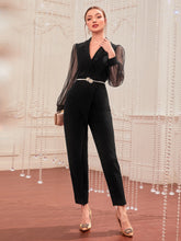 Load image into Gallery viewer, Contrast Mesh Bishop Sleeve Lapel Neck Belted Jumpsuit
