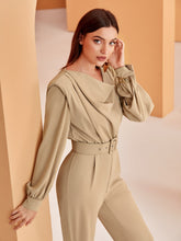 Load image into Gallery viewer, Draped Collar Shoulder Pads Belted Jumpsuit
