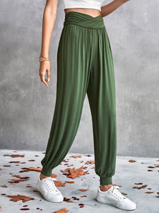 Solid High Waist Ruched Tapered Pants