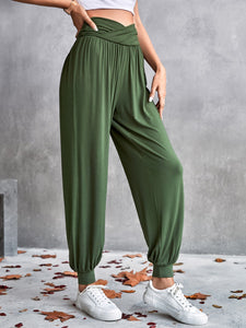 Solid High Waist Ruched Tapered Pants