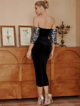 Load image into Gallery viewer, Off Shoulder Metallic Bodice Split Thigh Velvet Dress
